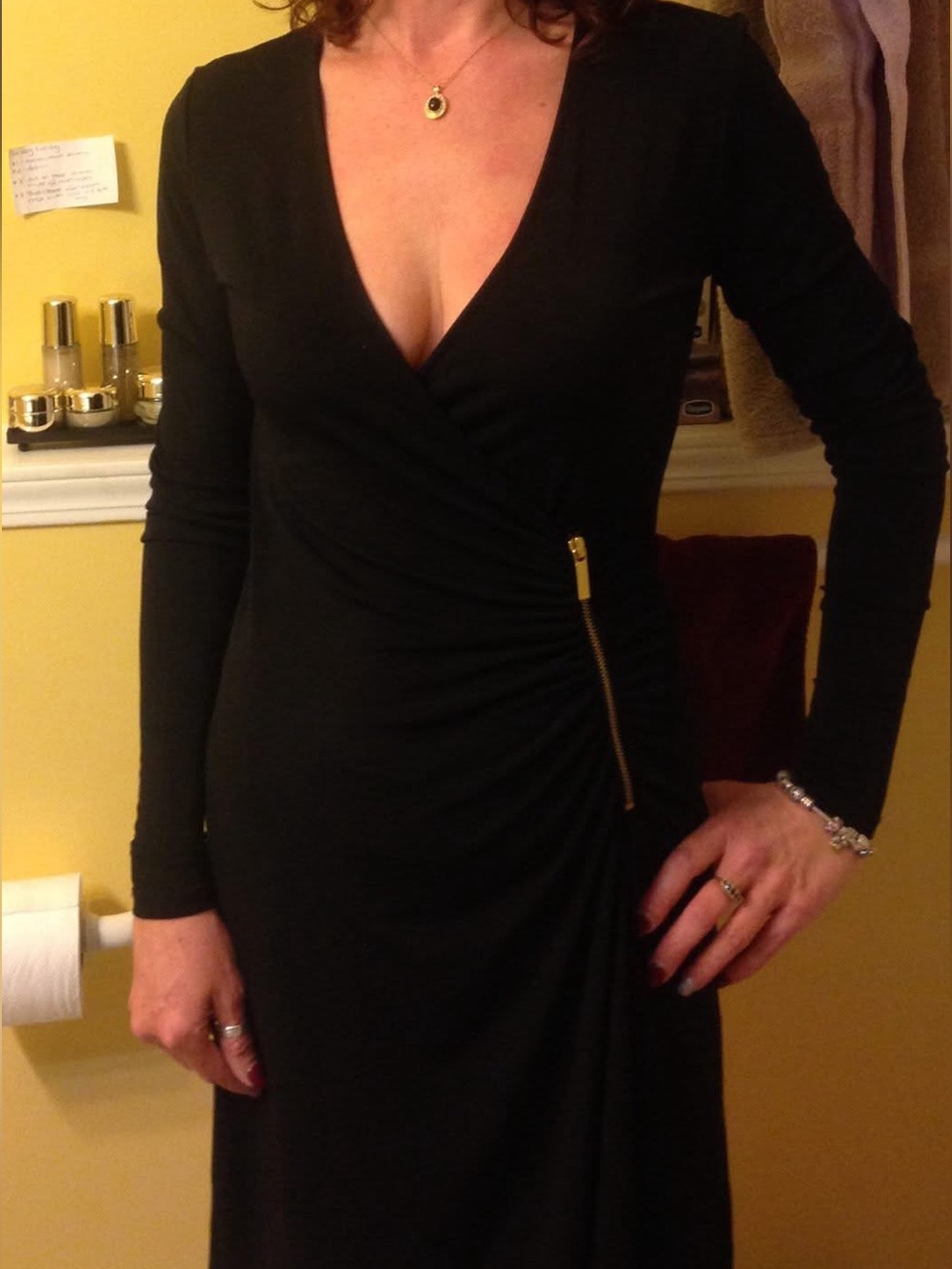 Michael Kors Black Long-Sleeve Wrap Dress with Gold Zip Detail